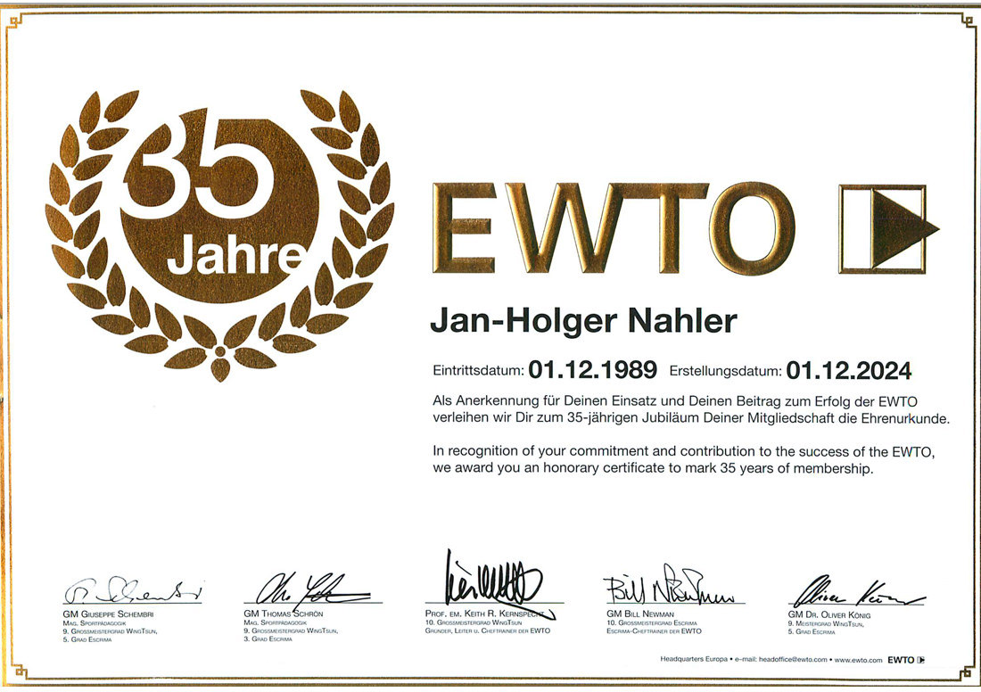 Urkunde zur 35jährigen EWTO-Mitgliedschaft Sifu Jan-Holger Nahler